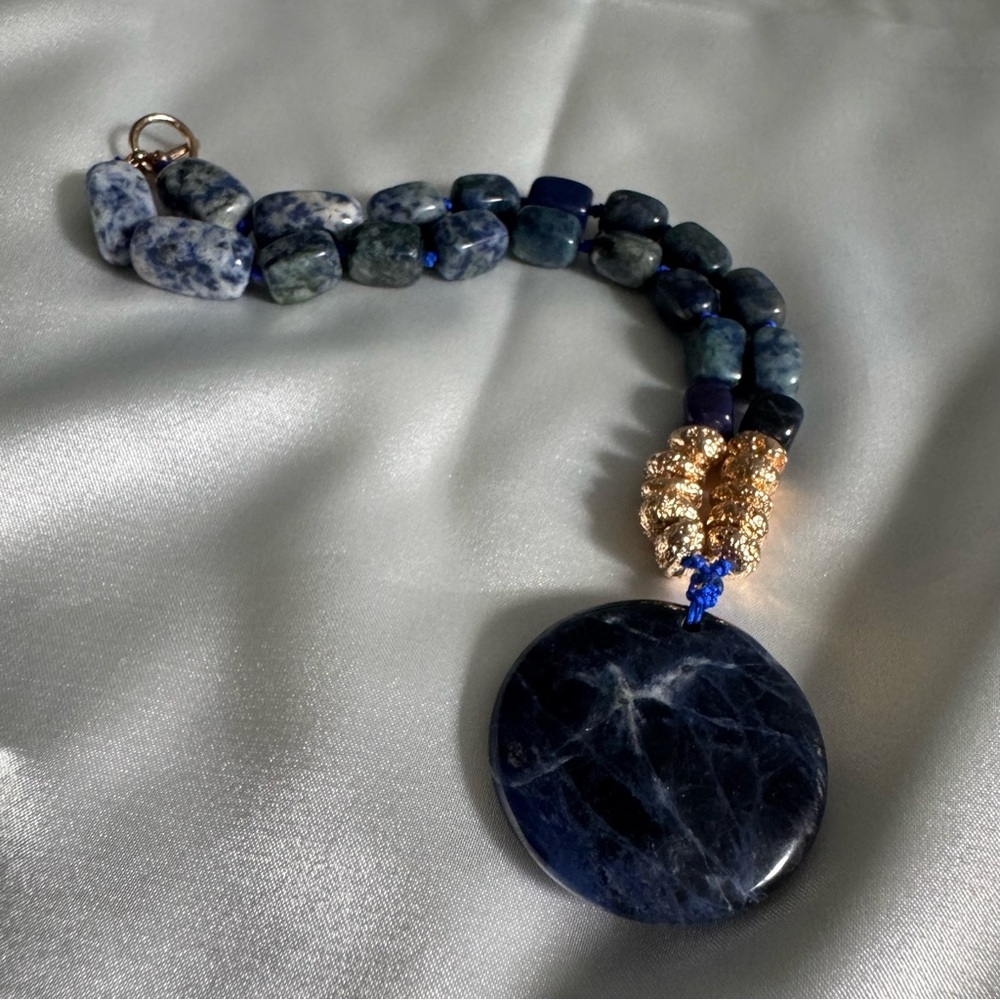 Blue and Gold Sodalite + Blue Spotted Jasper Necklace with Pendant - Picture 6 of 8